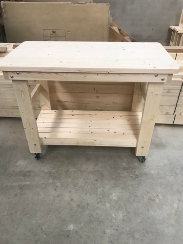 Wooden work bench with wheels - work,